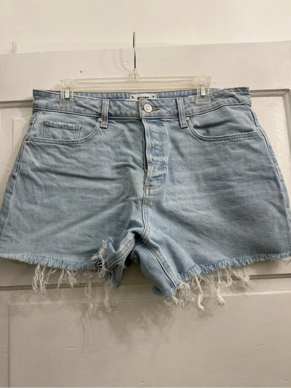 PAIGE Light Blue Frayed Hem Denim Shorts